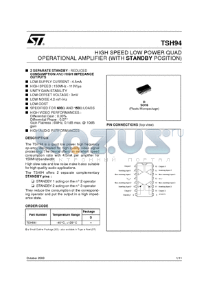 TSH94I datasheet - HIGH SPEED LOW POWER QUAD OPERATIONAL AMPLIFIER WITH STANDBY POSITION