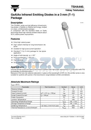 TSHA4400 datasheet - GaAlAs Infrared Emitting Diodes in ^3 mm (T-1) Package