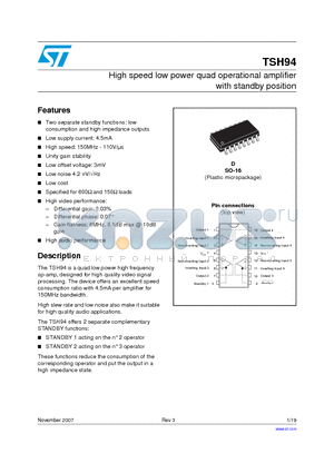 TSH94IYD datasheet - High speed low power quad operational amplifier with standby position