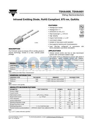 TSHA4400_08 datasheet - Infrared Emitting Diode, RoHS Compliant, 875 nm, GaAlAs