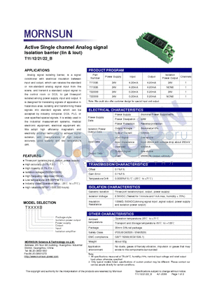 T2230B datasheet - Active Single channel Analog signal Isolation barrier