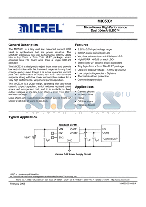 MIC5331-MMYMT datasheet - Micro-Power High Performance Dual 300mA ULDO