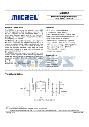 MIC5332 datasheet - Micro-Power High Performance Dual 300mA ULDO