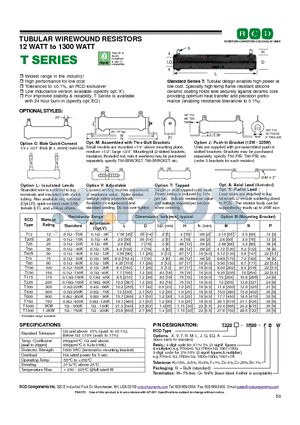 T225A-1001-DB datasheet - TUBULAR WIREWOUND RESISTORS 12 WATT to 1300 WATT