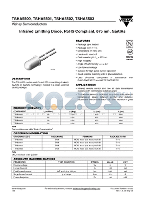 TSHA5500_08 datasheet - Infrared Emitting Diode, RoHS Compliant, 875 nm, GaAlAs