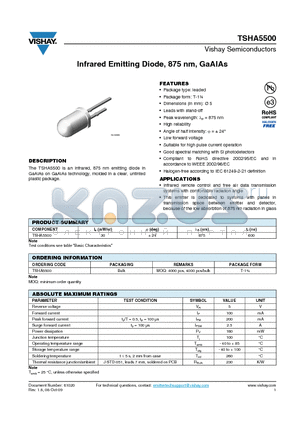 TSHA5500 datasheet - Infrared Emitting Diode, 875 nm, GaAlAs