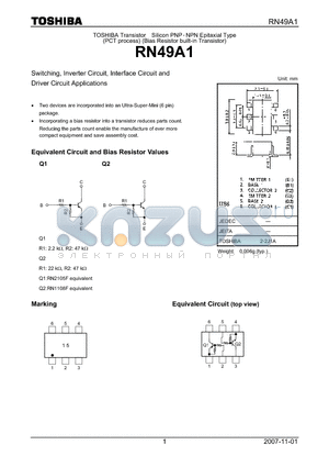 RN49A1 datasheet - Switching, Inverter Circuit, Interface Circuit and Driver Circuit Applications