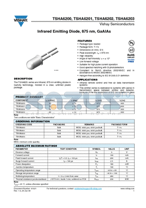 TSHA6200 datasheet - Infrared Emitting Diode, 875 nm, GaAlAs