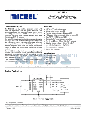 MIC5333-J4YMT datasheet - Micro-Power High Performance Dual 300mA ULDO with Dual POR