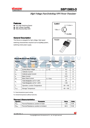 SBP13003-O datasheet - High Voltage Fast-SwitchingNPN Power Transistor