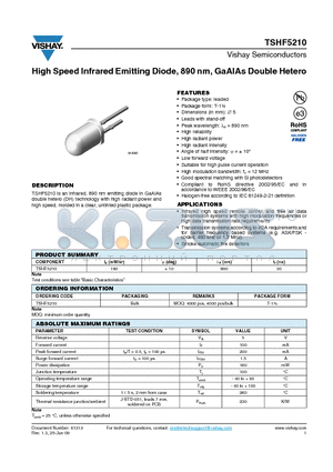 TSHF5210 datasheet - High Speed Infrared Emitting Diode, 890 nm, GaAlAs Double Hetero