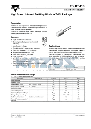 TSHF5410 datasheet - High Speed Infrared Emitting Diode in T-1 3/4 Package