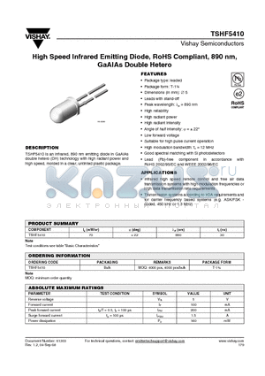 TSHF5410 datasheet - High Speed Infrared Emitting Diode, RoHS Compliant, 890 nm, GaAlAs Double Hetero
