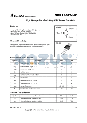 SBP13007-H2 datasheet - High Voltage Fast-Switching NPN Power Transistor