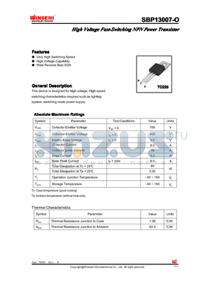 SBP13007-O datasheet - High Voltage Fast-Switching NPN Power Transistor