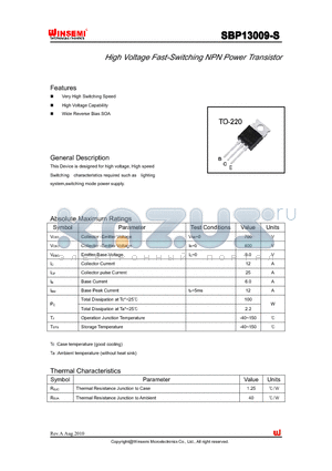 SBP13009-S datasheet - High Voltage Fast-Switching NPN Power Transistor