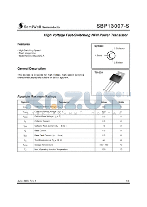 SBP13007-S datasheet - High Voltage Fast-Switching NPN Power Transistor