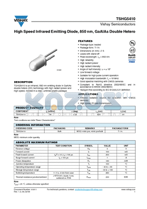 TSHG5410 datasheet - High Speed Infrared Emitting Diode, 850 nm, GaAlAs Double Hetero