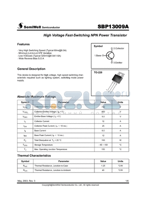 SBP13009A datasheet - High Voltage Fast-Switching NPN Power Transistor