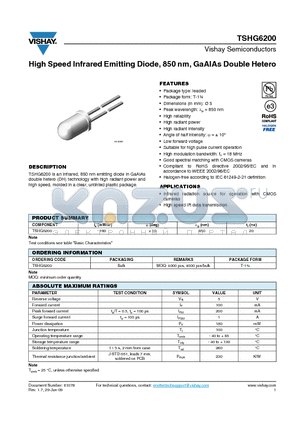 TSHG6200_09 datasheet - High Speed Infrared Emitting Diode, 850 nm, GaAlAs Double Hetero