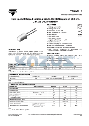 TSHG6210 datasheet - High Speed Infrared Emitting Diode, RoHS Compliant, 850 nm, GaAlAs Double Hetero