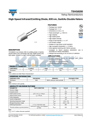 TSHG8200_09 datasheet - High Speed Infrared Emitting Diode, 830 nm, GaAlAs Double Hetero