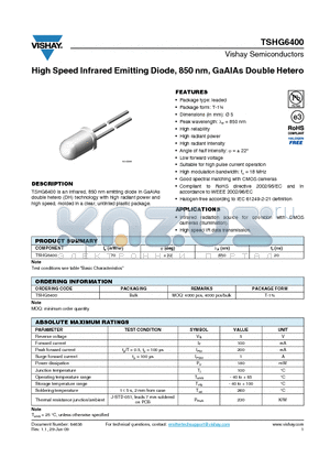 TSHG6400_09 datasheet - High Speed Infrared Emitting Diode, 850 nm, GaAlAs Double Hetero