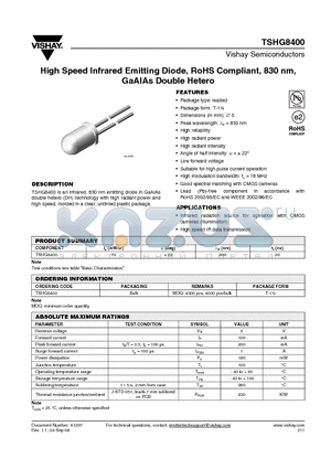 TSHG8400 datasheet - High Speed Infrared Emitting Diode, RoHS Compliant, 830 nm, GaAlAs Double Hetero