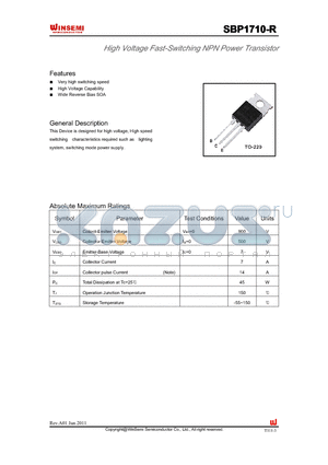 SBP1710-R datasheet - High Voltage Fast-Switching NPN Power Transistor