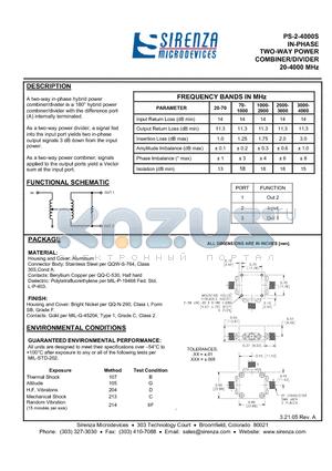 PS-2-4000S datasheet - IN-PHASE TWO-WAY POWER COMBINER/DIVIDER 20-4000 MHz