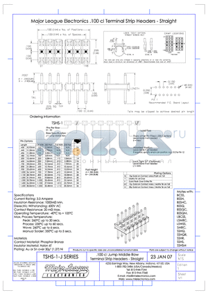 TSHS-1-J datasheet - .100 cl Jump Middle Row Terminal Strip Headers - Straight