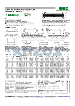 T225L-1R00-KB datasheet - TUBULAR WIREWOUND RESISTORS 12 WATT to 1300 WATT