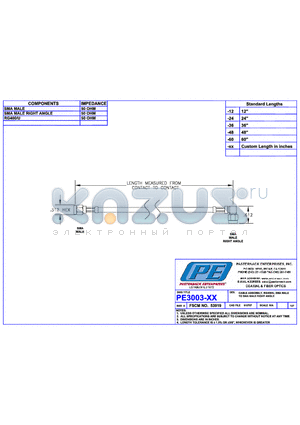 PE3003 datasheet - CABLE ASSEMBLY RG400/U SMA MALE TO SMA MALE RIGHT ANGLE