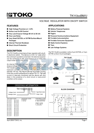 TK11334BUCL datasheet - VOLTAGE REGULATOR WITH ON/OFF SWITCH