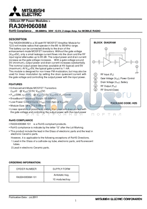 RA30H0608M datasheet - RoHS Compliance , 66-88MHz 30W 12.5V, 2 stage Amp. for MOBILE RADIO