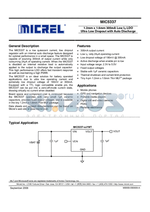 MIC5337-2.8YMT datasheet - 1.2mm x 1.6mm 300mA Low IQ LDO Ultra Low Dropout with Auto Discharge
