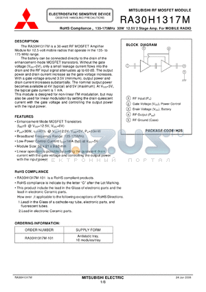 RA30H1317M-101 datasheet - RoHS Compliance , 135-175MHz 30W 12.5V 2 Stage Amp. For MOBILE RADIO