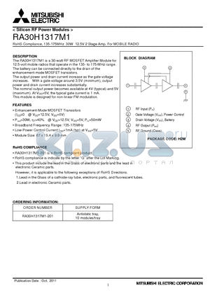 RA30H1317M1-201 datasheet - RoHS Compliance, 135-175MHz 30W 12.5V 2 Stage Amp. For MOBILE RADIO