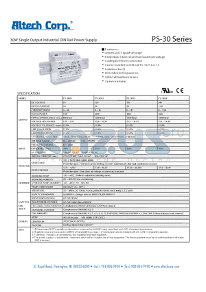 PS-30 datasheet - 30W Single Output Industrial DIN Rail Power Supply