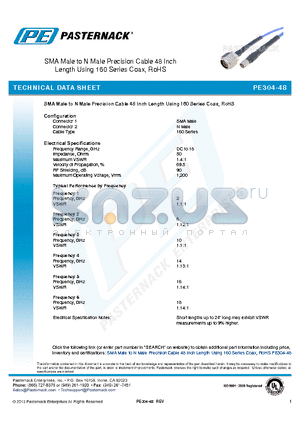 PE304-48 datasheet - SMA Male to N Male Precision Cable 48 Inch Length Using 160 Series Coax, RoHS