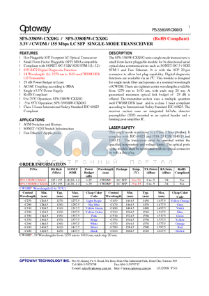 PS-3380W-CXX0G_08 datasheet - 3.3V / CWDM / 155 Mbps LC SFP SINGLE-MODE TRANSCEIVER