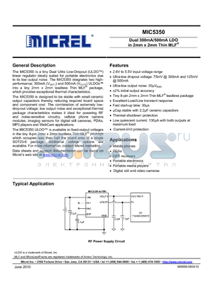 MIC5350-2.8/2.8YMT datasheet - Dual 300mA/500mA LDO in 2mm x 2mm Thin MLF^