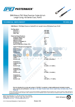 PE308-36 datasheet - SMA Male to TNC Male Precision Cable 36 Inch Length Using 160 Series Coax, RoHS