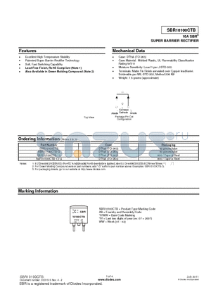 SBR10100CTB-13 datasheet - SUPER BARRIER RECTIFIER