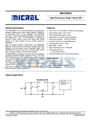 MIC5365-1.0YC5 datasheet - High Performance Single 150mA LDO