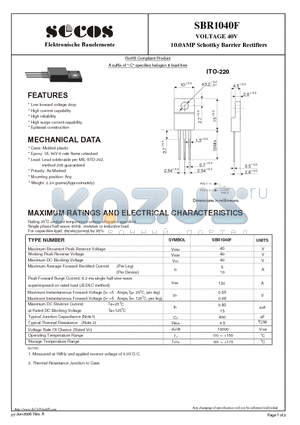 SBR1040F datasheet - VOLTAGE 40V 10.0AMP Schottky Barrier Rectifiers