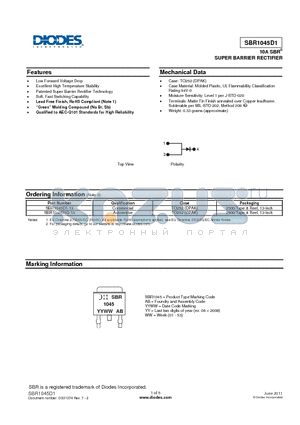 SBR1045D1Q-13 datasheet - 10A SBR SUPER BARRIER RECTIFIER