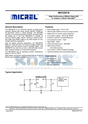 MIC5367-1.5YMT datasheet - High Performance 200mA Peak LDO in 1.6mm x 1.6mm Thin MLF^