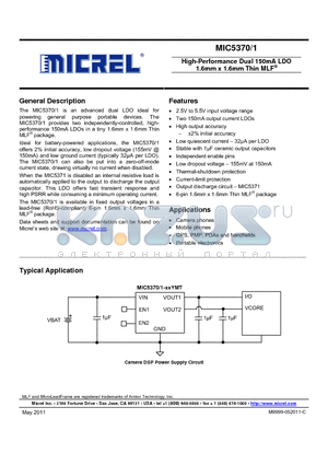 MIC5370-2.8/2.6YMT datasheet - High-Performance Dual 150mA LDO 1.6mm x 1.6mm Thin MLF^