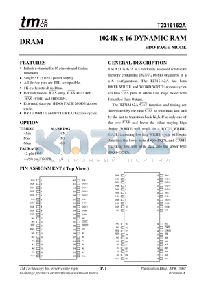 T2316162A datasheet - 1024K x 16 DYNAMIC RAM EDO PAGE MODE